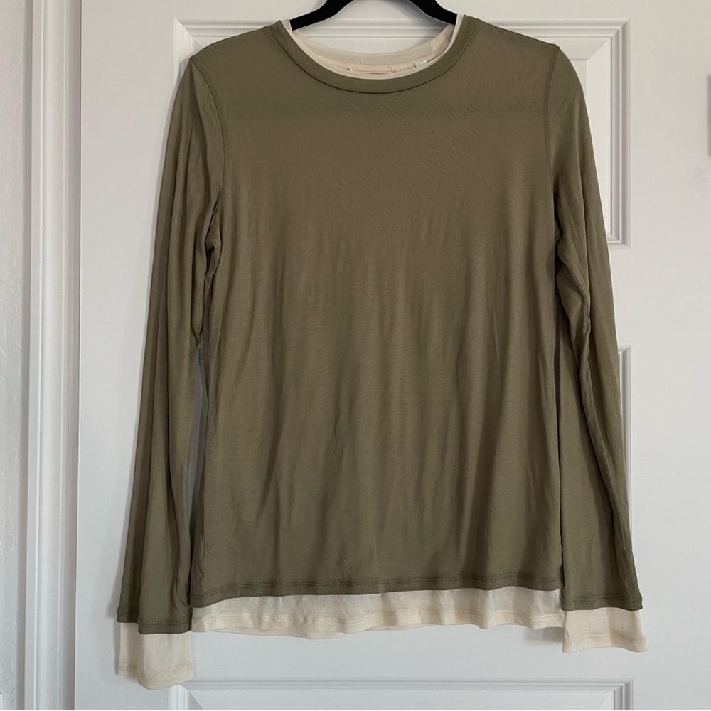 Vince Olive and Cream Double Layered Long Sleeve Tee